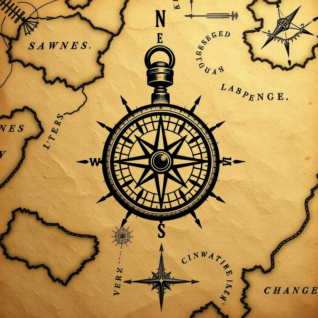 A tattoo design of antique compass on old treasure map in the style of blackwork. - navigation tattoo design generated by AI tattoo generator