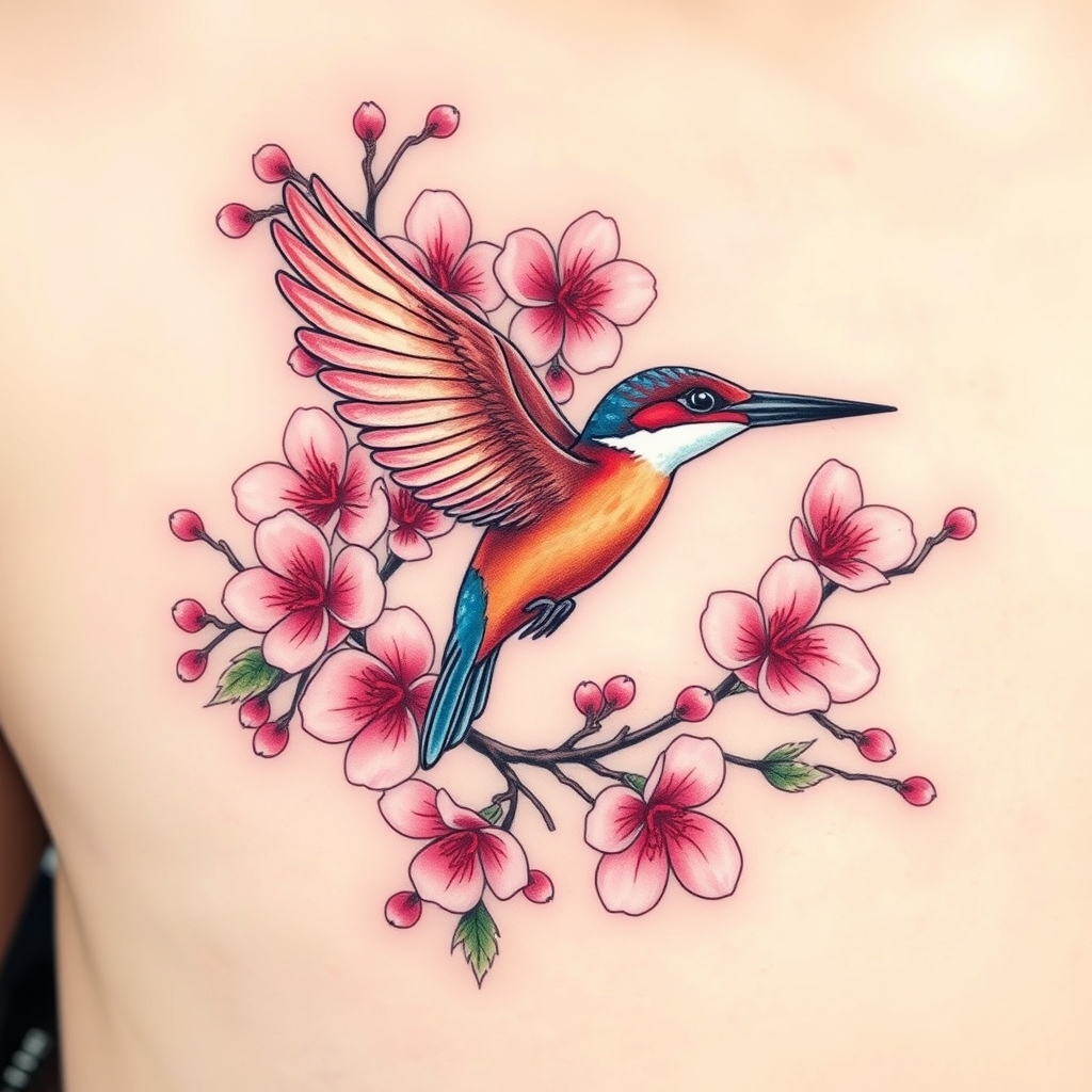 A tattoo design of Big quantities of cherry blossoms with flying kingfisher in the style of watercolor. - nature tattoo design generated by AI tattoo generator