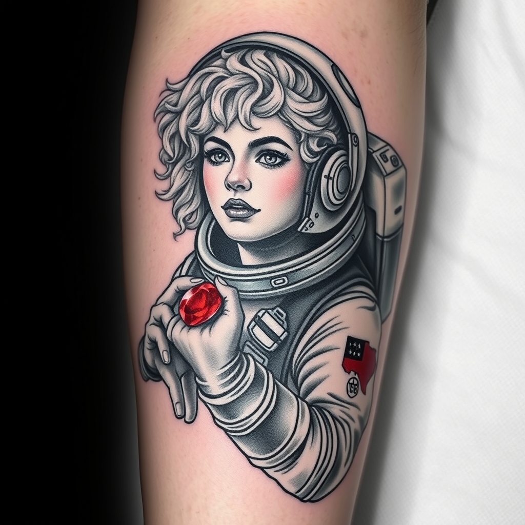 A tattoo design of Photorealistic black and grey space themed tattoo of light curly-haired strong female traveling through space. A bright red ruby, being the only color in yhe tattoo, shines red on her space suit. Include a Houston, Texas reference if possible. in the style of realistic. - space travel tattoo design generated by AI tattoo generator