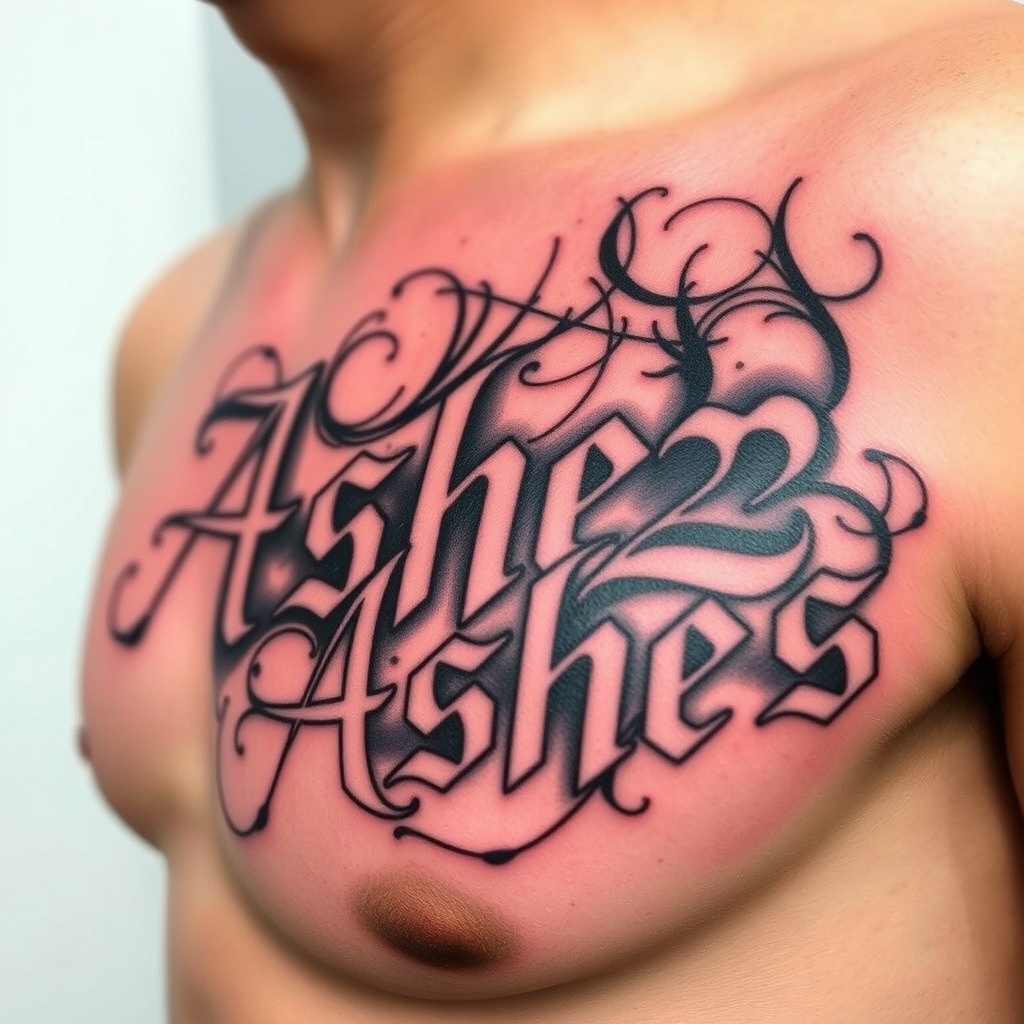 A tattoo design of Words "Ashes 222 Ashes" on right pectoralis in the style of abstract. - text tattoo design generated by AI tattoo generator