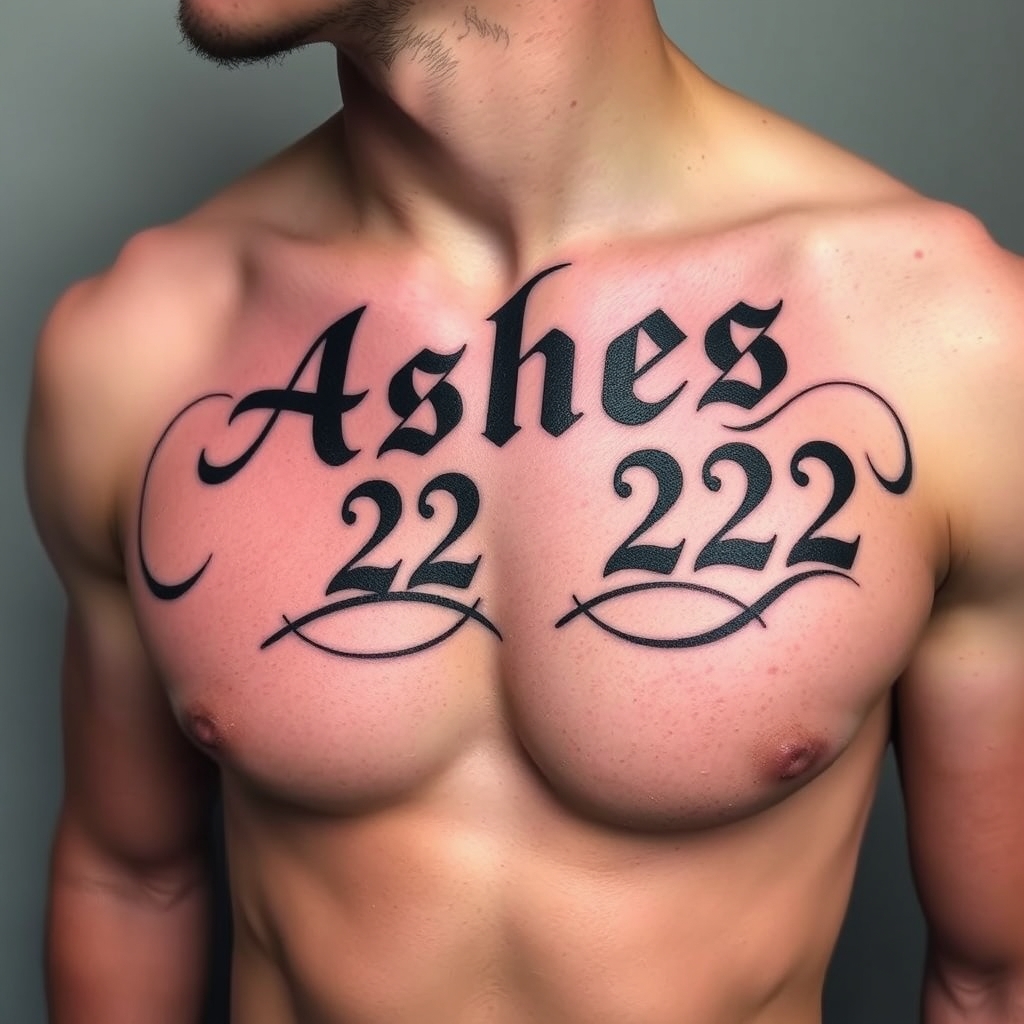 A tattoo design of Words "Ashes 222 Ashes" on left pectoralis in the style of realistic. - text tattoo design generated by AI tattoo generator