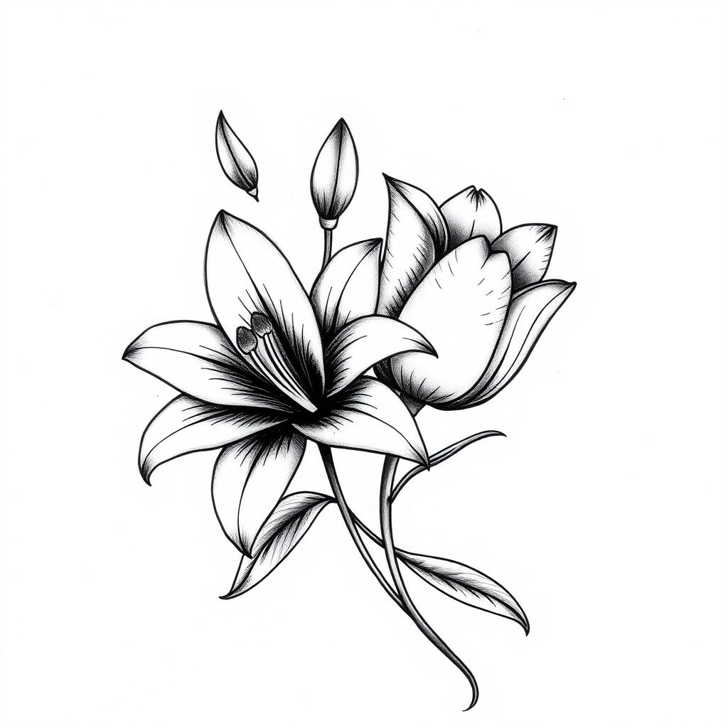 A tattoo design of lilly and tulip flower  in the style of blackwork. - flowers tattoo design generated by AI tattoo generator