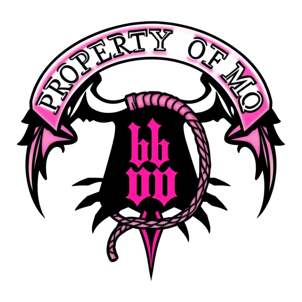 A tattoo design of Cuckold symbol.  Black and pink are the colors. Name is bb.  Says PROPERTY OF MQ.  A whip is shown.   in the style of traditional. - kink fetish tattoo design generated by AI tattoo generator