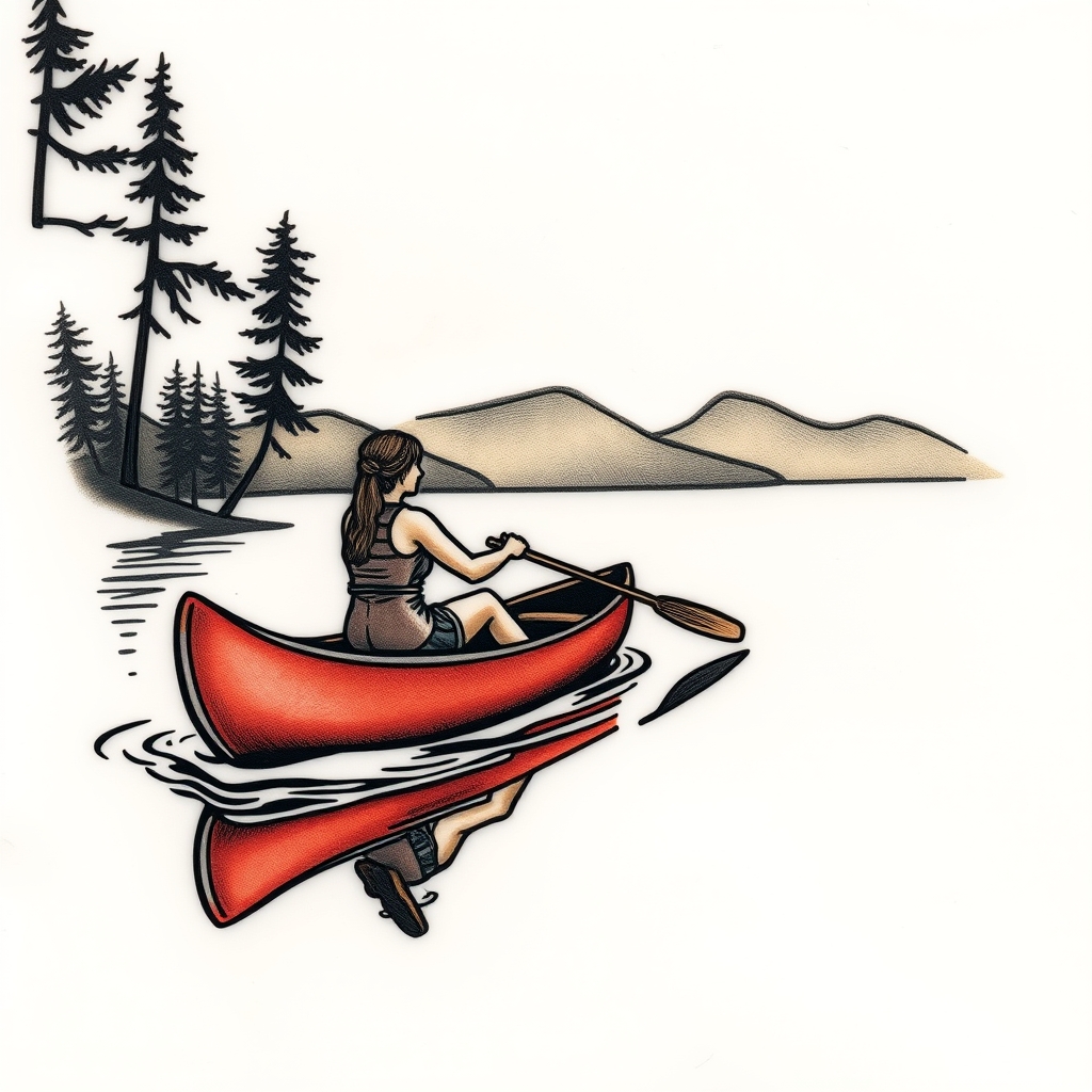 A tattoo design of Woman paddling a canoe on lake Coniston  in the style of traditional. - outdoor adventure tattoo design generated by AI tattoo generator
