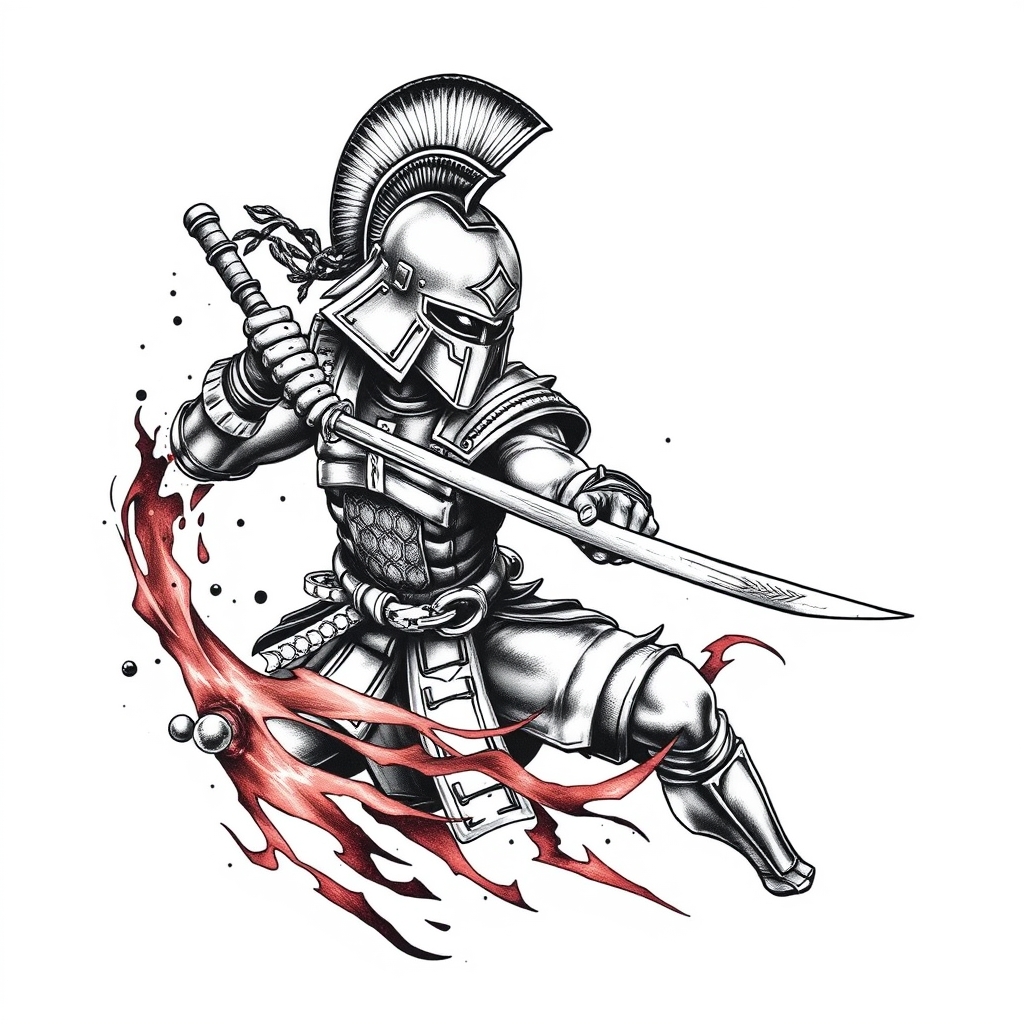 A tattoo design of SPARTAN FIGHTING a samurai  in the style of realistic. - military warrior tattoo design generated by AI tattoo generator