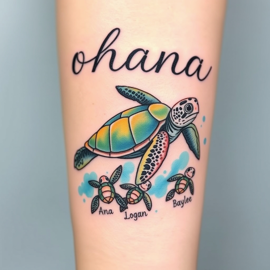 A tattoo design of A momma sea turtle swimming toward the word ohana with 3 baby sea turtles following behind in a stream of water with the names Ana Logan and baylee by the baby sea turtles. The baby sea turtles looking like Finding Nemo sea turtles tattoo for forearm  in the style of watercolor. - sea turtles tattoo design generated by AI tattoo generator