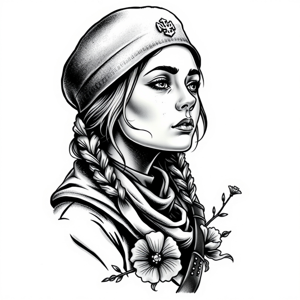 A tattoo design of Ukranian Soldier girl sad in the style of traditional. - military portrait tattoo design generated by AI tattoo generator