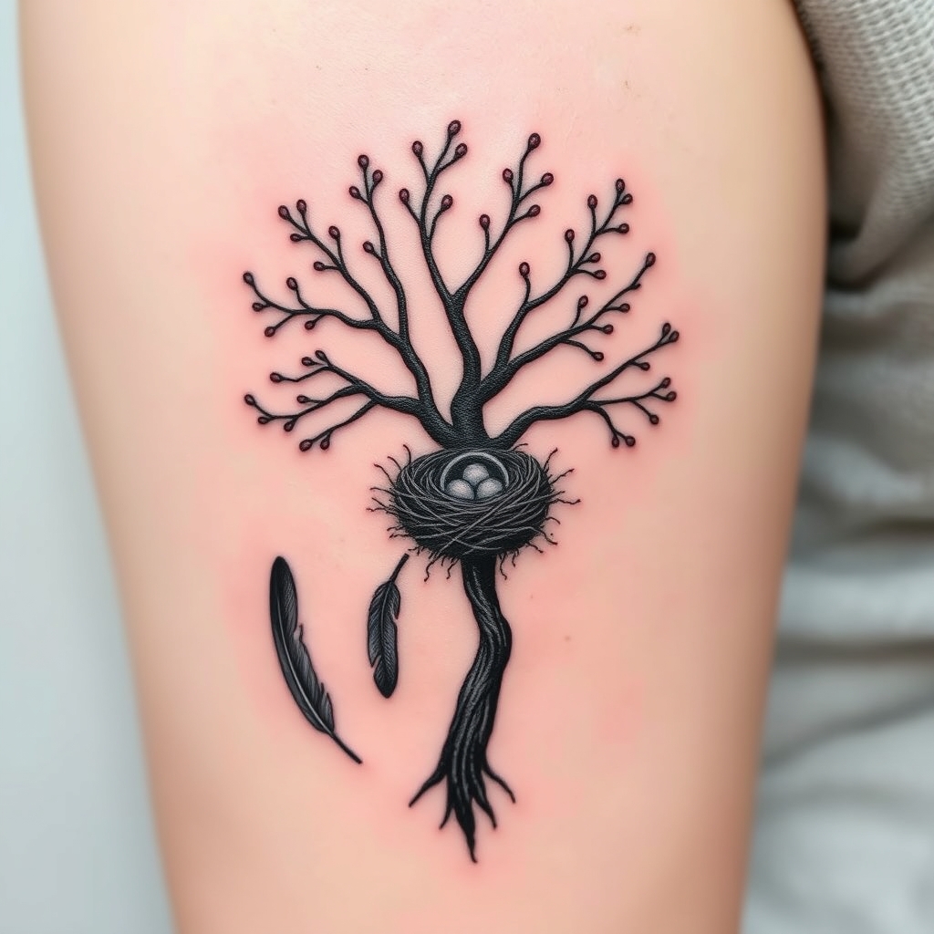 A tattoo design of Family tree with nest and two feathers leaving the nest in the style of minimalist. - family tree tattoo design generated by AI tattoo generator