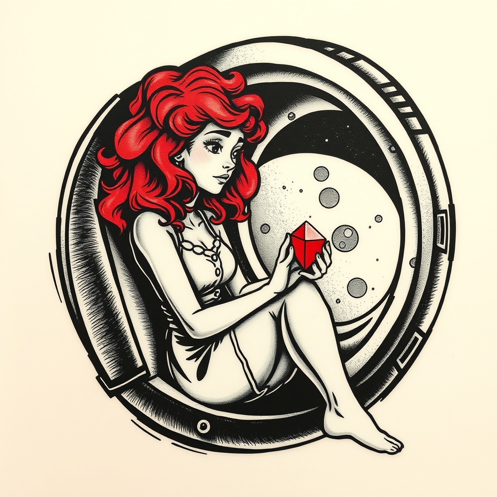 A tattoo design of Black and grey style. Curious redhead woman in romper with curly hair sitting in a small space capsule alone. Floating through space with nothing to keep her company but a shining red ruby which she holds close by the porthole window. They are both sitting by the window peering out on an unknown planet. in the style of abstract. - space travel tattoo design generated by AI tattoo generator