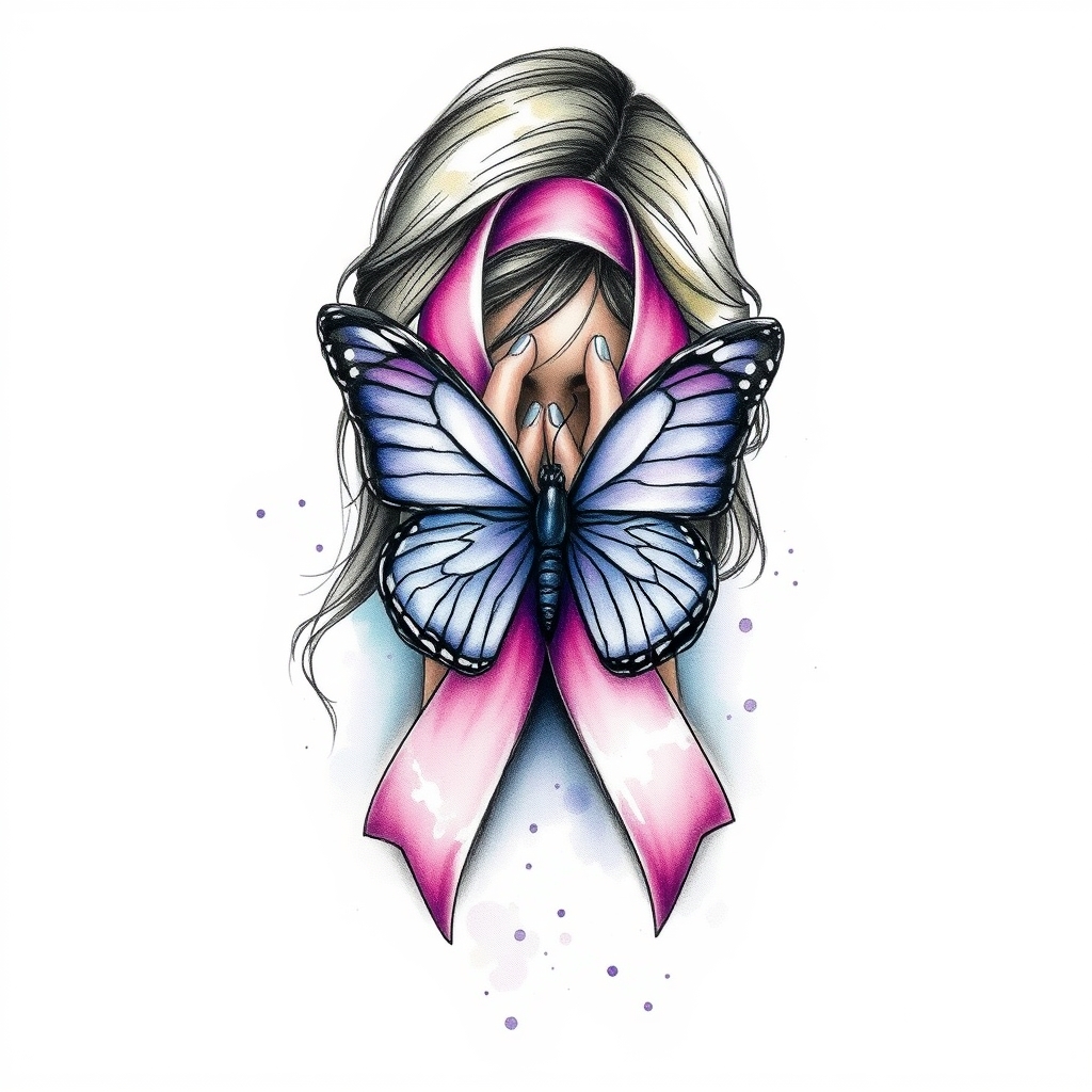 A tattoo design of Domestic violence ribbon awareness inclined together with a purple butterfly as a women hunched over her hands overing her face in the style of watercolor. - awareness ribbon tattoo design generated by AI tattoo generator
