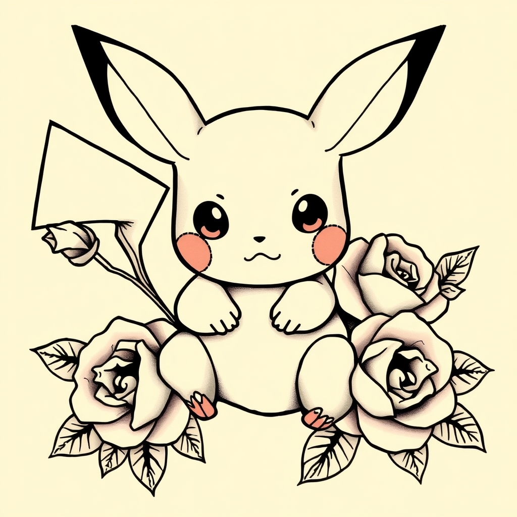 A tattoo design of CUBONE POKEMON WITH ROSES in the style of traditional. - anime characters tattoo design generated by AI tattoo generator