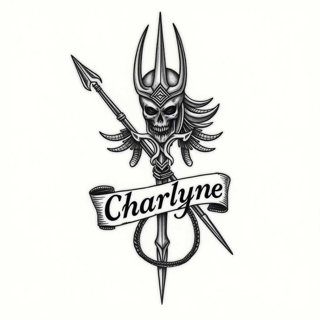 A tattoo design of Guerrière Vicking avec des signes tribaux, le prénom Charlyne écrit en Vicking, armée d'un trident in the style of realistic. - viking warrior tattoo design generated by AI tattoo generator
