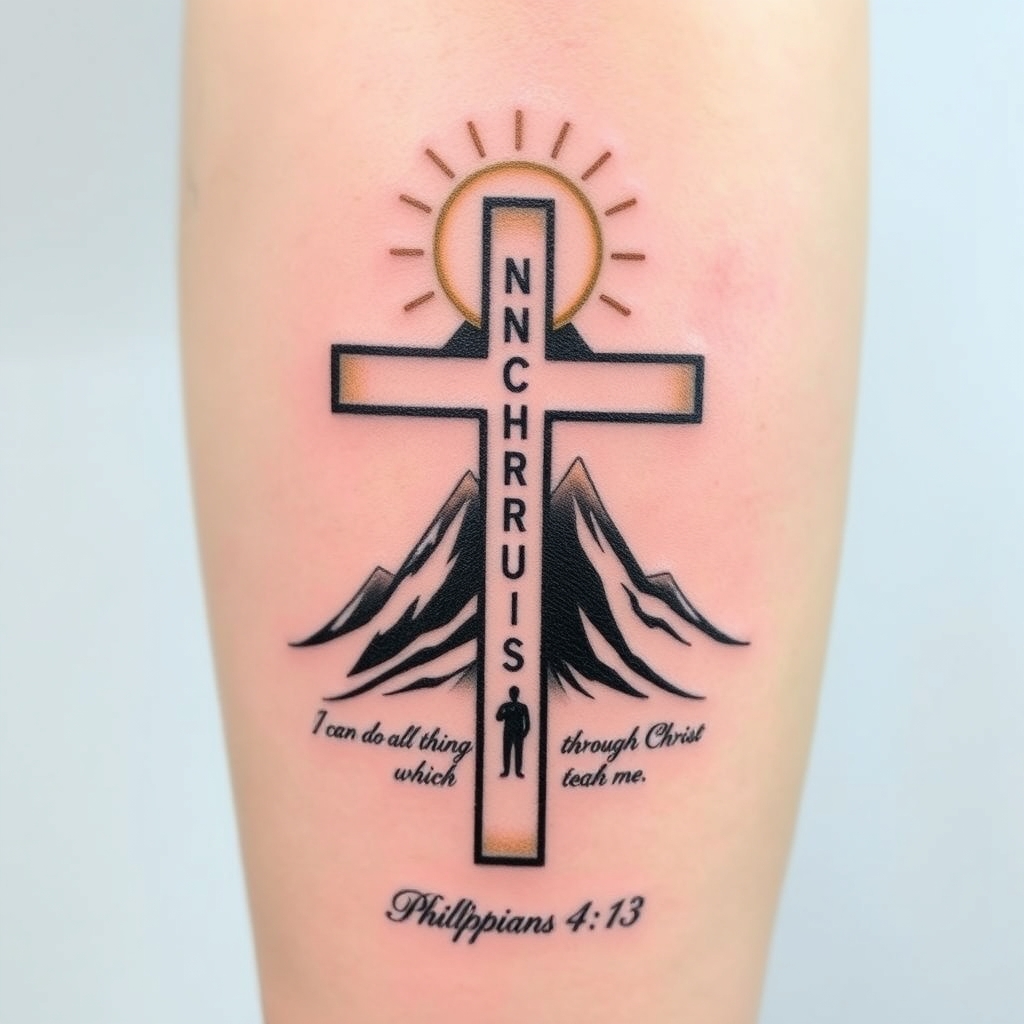 A tattoo design of **Central Element:** A strong, stylized cross, symbolizing Christ’s strength. - **Incorporated Text:** The verse reference “Philippians 4:13” elegantly scripted along the cross’s vertical or horizontal bar. - **Additional Symbols:** - A subtle, yet bold image of a mountain or an ascending figure to represent overcoming challenges. - Rays of light or a halo effect radiating from the cross to symbolize divine strength and guidance. - **Style Suggestions:** - Minimalist black ink for a clean, timeless look. - Or a more intricate design with shading and subtle color accents e.g., gold or deep blue to emphasize spiritual strength. with the sun shining and someone standing at the top of the mountain and quote I can do all things through Christ which strengtheneth me. in the style of realistic. - christian faith tattoo design generated by AI tattoo generator