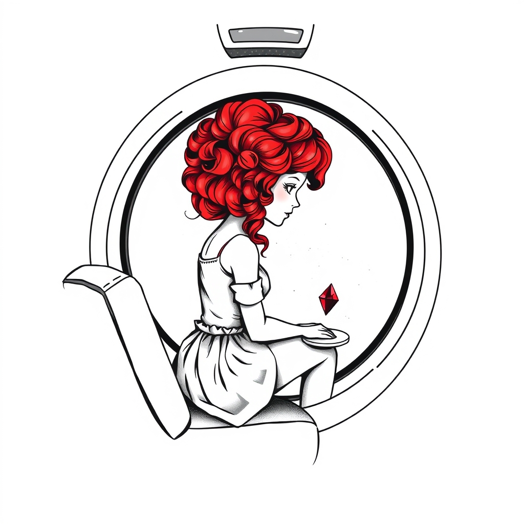 A tattoo design of Black and grey style. Redhead girl with curly hair sitting in a small space capsule alone. Floating through space with nothing to keep her company but a thing red ruby which she keeps on the small table by the porthole window. They are both sitting by the window peering out on an unknown planet. in the style of geometric. - space travel tattoo design generated by AI tattoo generator