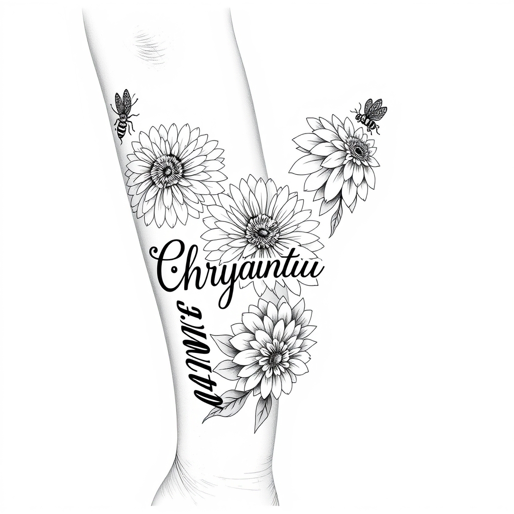 A tattoo design of Black and white from elbow to hand vertical the word Chrysanthemum in cursive down forearm, bees, blooming Chrysanthemums flowers large in the style of traditional. - flowers tattoo design generated by AI tattoo generator