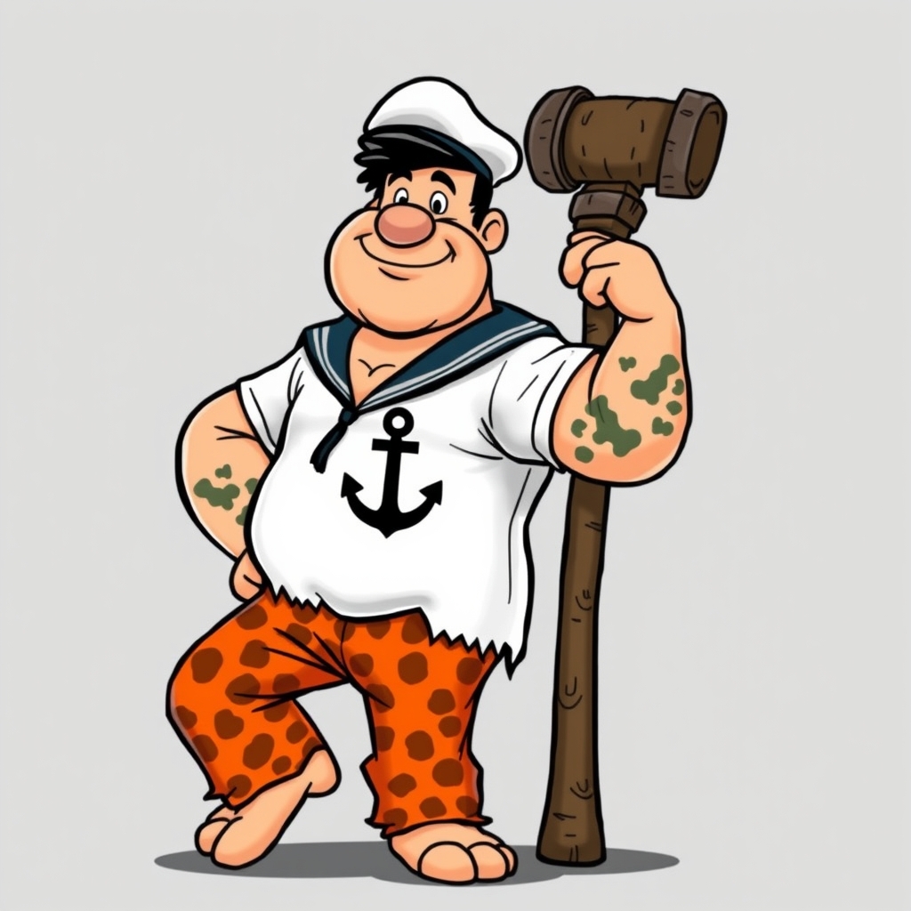 A tattoo design of Mashup Character & Pose Fred’s Iconic Build + Popeye’s Physique: Fred Flintstone’s round, amiable face—complete with his trademark stubble—is built on Popeye’s muscular frame, especially that legendary forearm power. Anchor Tattoo: Boldly inked on his forearm: Popeye’s classic anchor, seamlessly integrated into Fred’s rugged square-shouldered silhouette. Pose: Leaning casual and confident against Fred’s prehistoric club, angled slightly — suggesting a moment of rest after some mighty feats in Bedrock. Attire + Color Palette Popeye’s Sailor Outfit in Flintstone Hues: Shirt: Popeye’s white sailor shirt—reimagined in Fred’s signature orange-leopard pattern edged with Flintstone-style black jagged trim. Pants: Classic Popeye blue sailor trousers, but dyed in a rich Flintstone orange shade to match the shirt, trimmed black. Hat: Popeye's white cap, but the bill is stone-carved and slightly chipped for prehistoric flair. Props Club (Leaning On): A big, chunky stone club with vein-like cracks—clear Bedrock craftsmanship. Spinach Can (In Hand): A rock-hewn can labeled “Spinach” in a bold chiseled font, a vivid green leaf peeking out. --- 🖌️ Art Style Suggestions Neo‑Traditional / American Traditional Style: Clean, bold outlines (think thick black lines around character). A palette that’s bright but grounded: Flintstone orange, Popeye blue, leafy spinach green, stone-gray for props. Shading with stippling or classic Americana style for depth and texture. Color Balance: Orange-leopard pattern stays the dominant visual theme, grounding the design firmly in Fred's aesthetic—even as the sailor elements pop against it. in the style of traditional. - cartoon characters tattoo design generated by AI tattoo generator