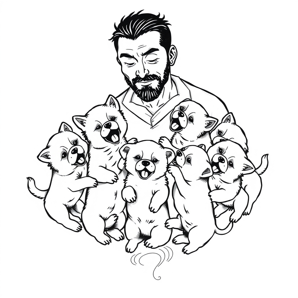 A tattoo design of Seven puppies playing with one man in the style of japanese. - animals and people tattoo design generated by AI tattoo generator