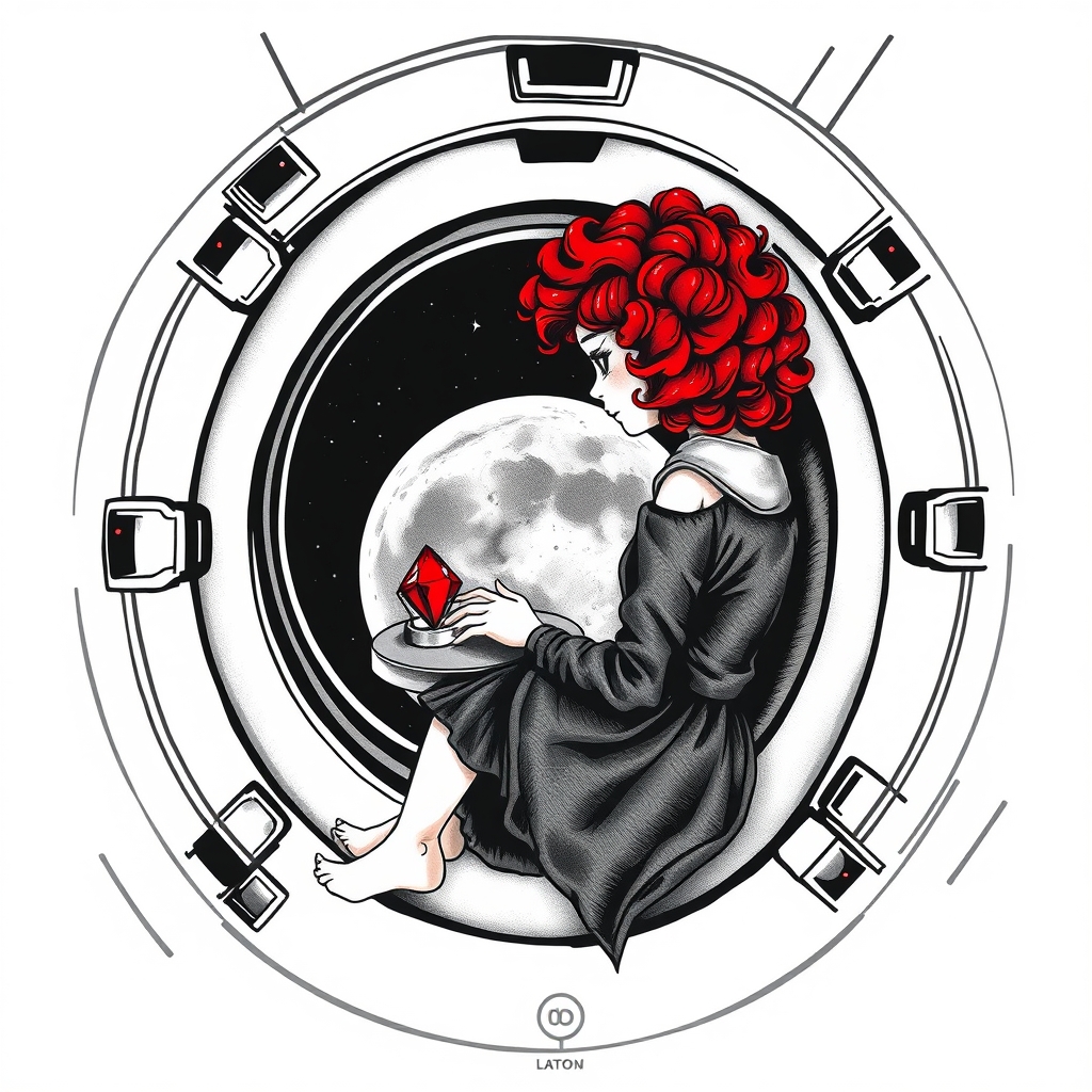 A tattoo design of Black and grey style. Redhead girl with curly hair sitting in a small space capsule alone. Floating through space with nothing to keep her company but a thing red ruby which she keeps on the small table by the porthole window. They are both sitting by the window peering out on an unknown planet. in the style of surrealistic. - space travel tattoo design generated by AI tattoo generator