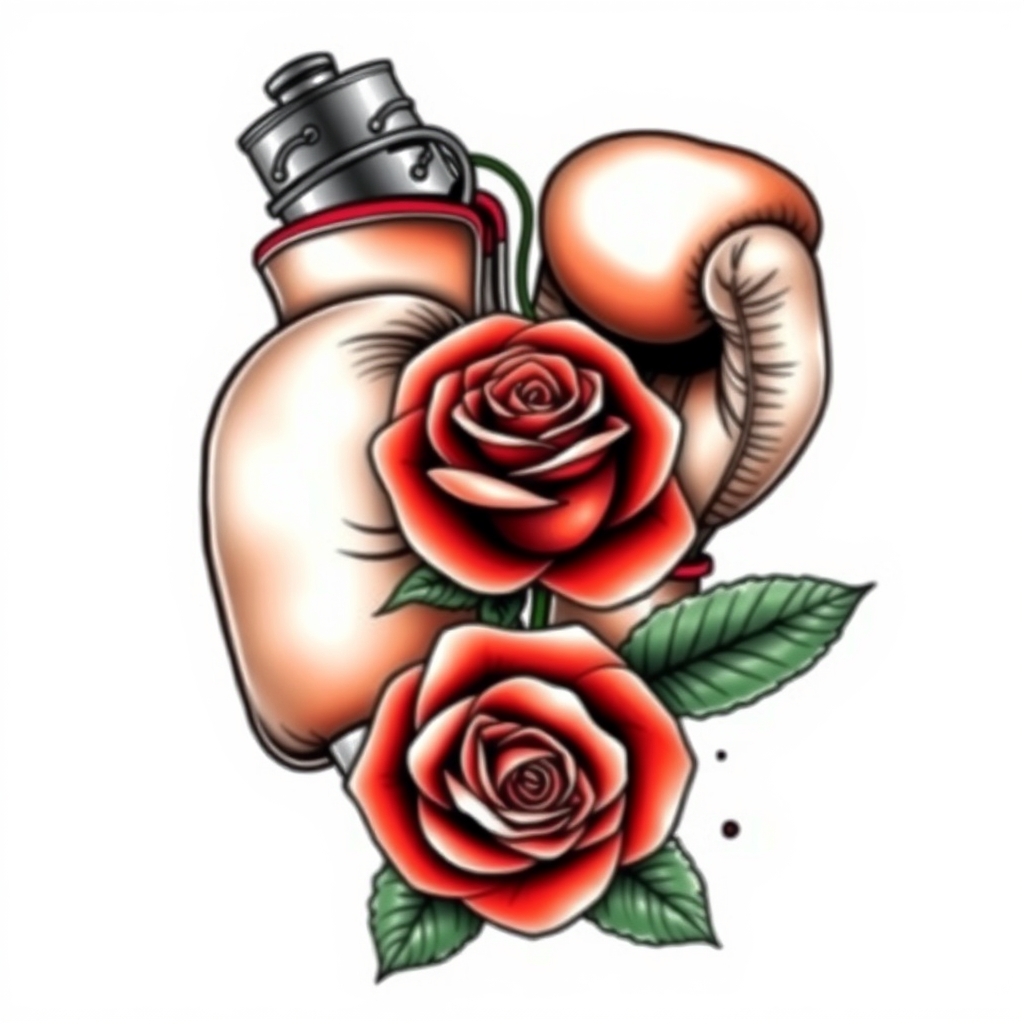 A tattoo design of A pair of boxing gloves, a dumbell, and a rose in the style of realistic. - fitness symbols tattoo design generated by AI tattoo generator