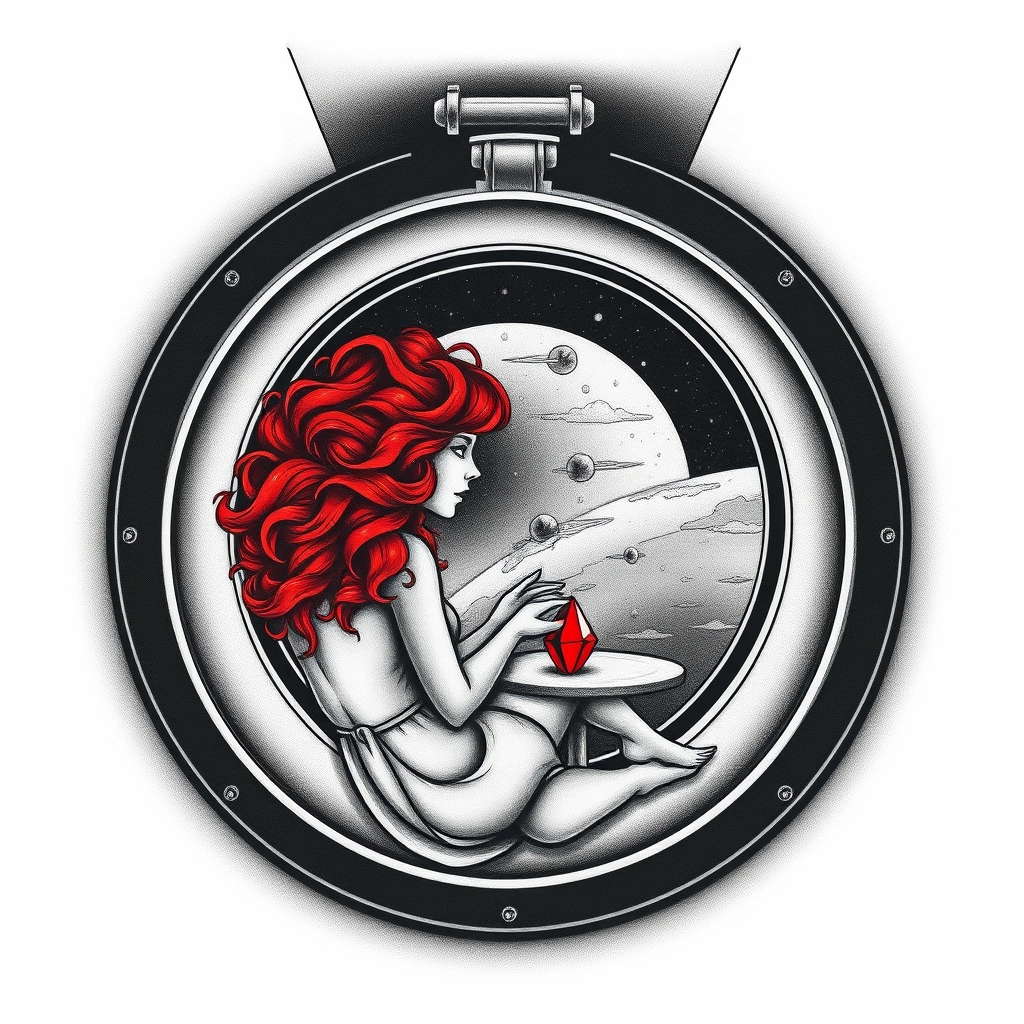 A tattoo design of Black and grey style. Redhead woman with curly hair sitting in a small space capsule alone. Floating through space with nothing to keep her company but a thing red ruby which she keeps on the small table by the porthole window. They are both sitting by the window peering out on an unknown planet. in the style of surrealistic. - space travel tattoo design generated by AI tattoo generator