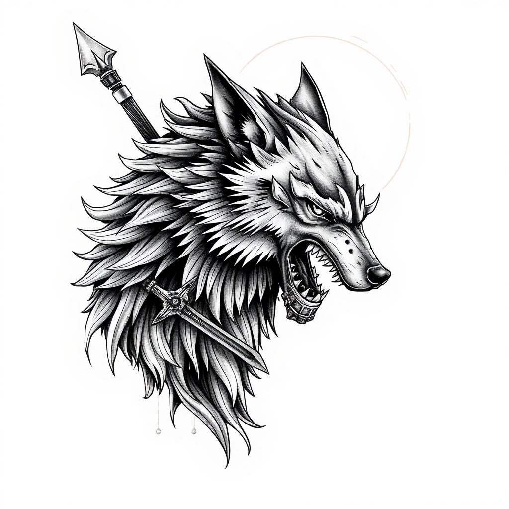 A tattoo design of wolf warrior in the style of surrealistic. - mythical creatures tattoo design generated by AI tattoo generator