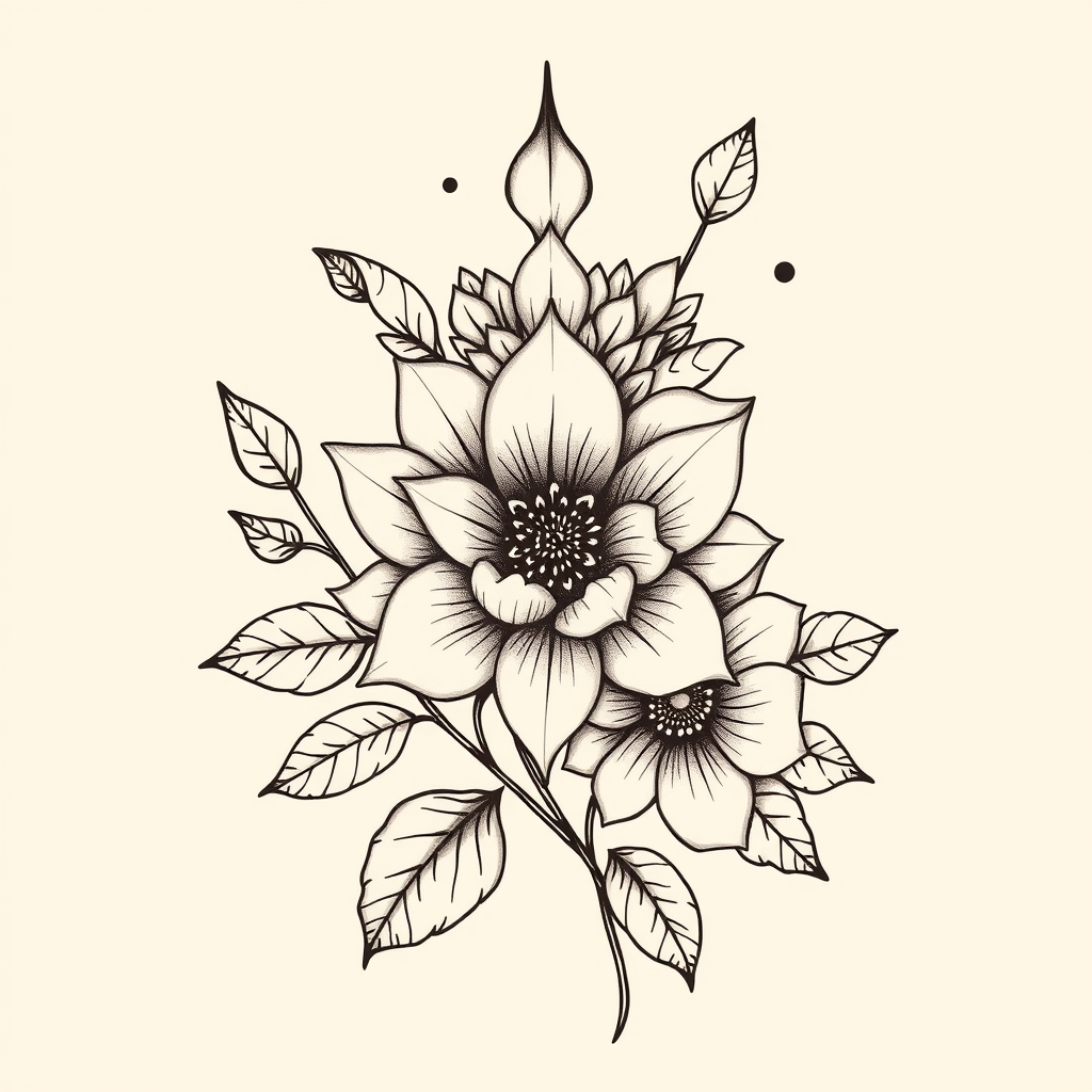 A tattoo design of Henna style Oct flower, November flower, February flower in the style of surrealistic. - flowers tattoo design generated by AI tattoo generator