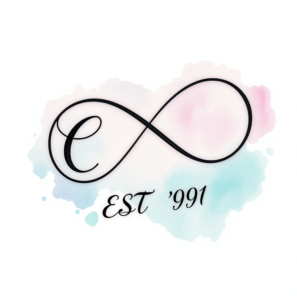 A tattoo design of Linework: The infinity symbol is drawn with smooth, consistent strokes—slightly bolder than typical fine-line, but still retaining elegance. Cursive Integration: “EST ’91” follows the bottom arc of the S side in a flowing cursive script, appearing as a natural extension of the loop. Initial Placement: The “C” seamlessly forms the left loop, subtly blended into the shape. Watercolor Splash: Imagine a soft, pastel wash behind the design—favoring teal-blue or lavender tones. The heavier part of the splash sits behind the S side, tapering off toward the opposite corner for balance. in the style of realistic. - infinity tattoo tattoo design generated by AI tattoo generator