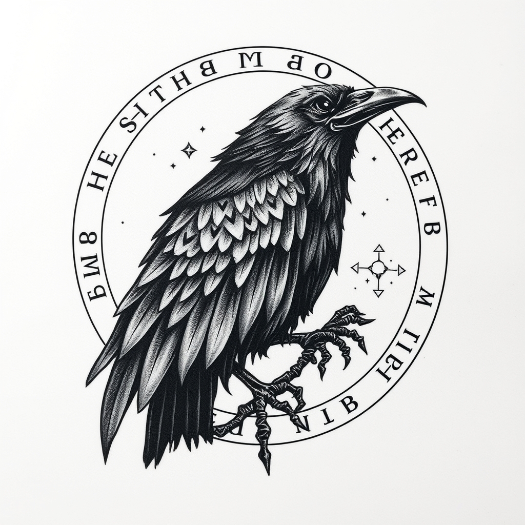 A tattoo design of Raven With Viking Runes in the style of surrealistic. - mythical creatures tattoo design generated by AI tattoo generator
