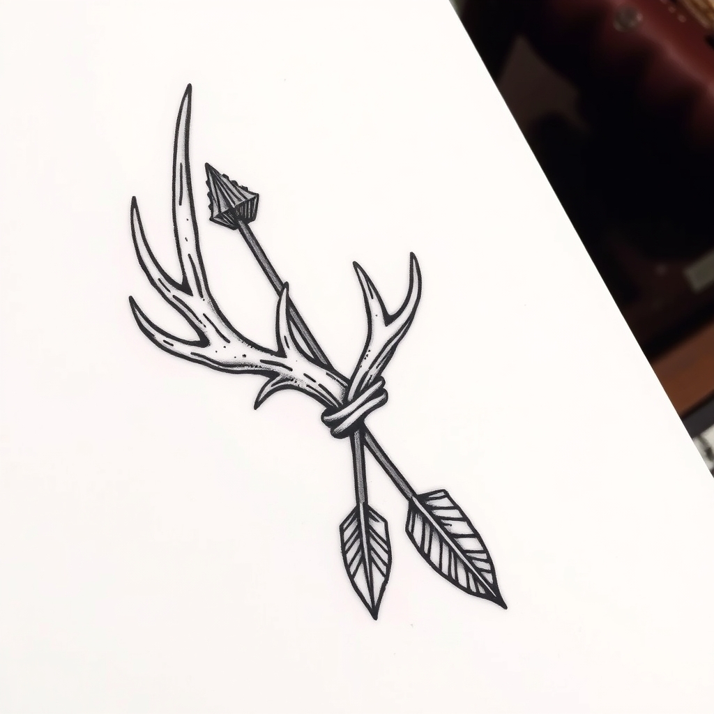A tattoo design of 1 elk antler wrapped around 1 arrow in the style of traditional. - hunting symbols tattoo design generated by AI tattoo generator