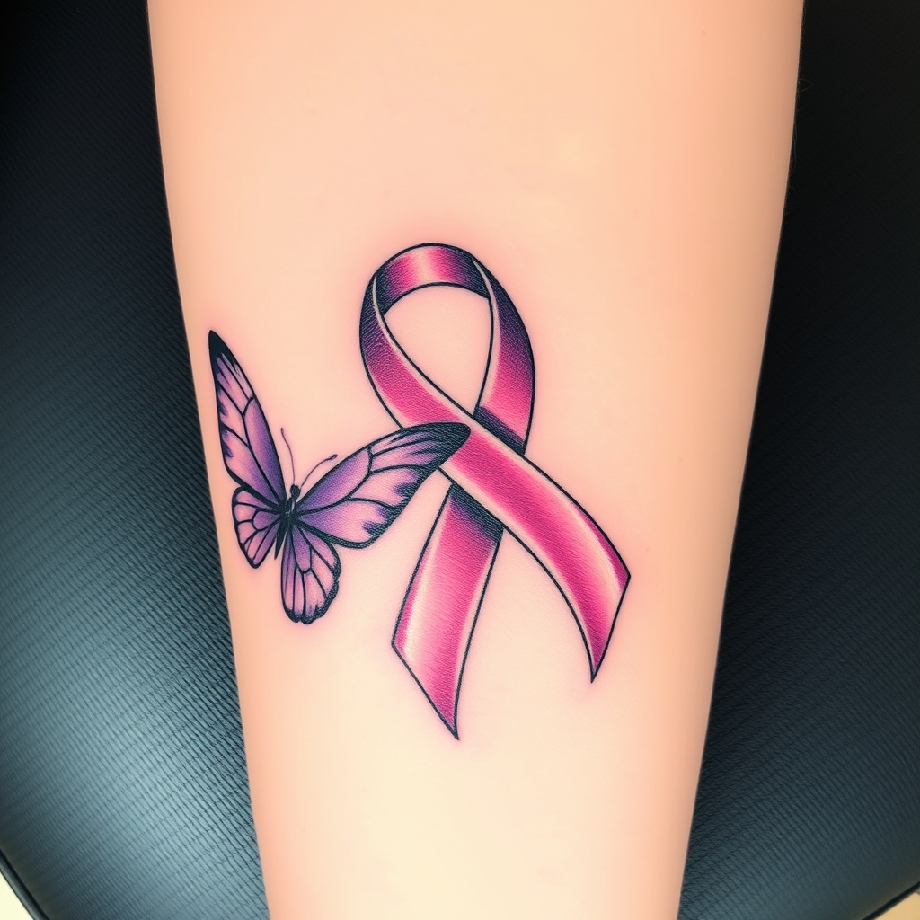 A tattoo design of Domestic violence ribbon awareness inclined together with a purple butterfly in the style of realistic. - domestic violence awareness tattoo design generated by AI tattoo generator