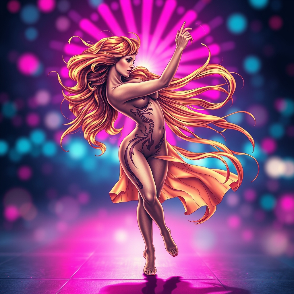 A tattoo design of A breathtakingly human woman dances mid-pose, her movement caught between motion and stillness. Her hair flows like liquid gold in slow gravity, while her form spirals with the grace of a Fibonacci shell. The background glows with radiant neon pinks and electric blues — a dreamy surreal night with shimmering bokeh. Her expression is pure reverie, as if music moves through her bones. The lighting casts soft shadows that carve her features in high-resolution detail, almost too perfect to be real. in the style of surrealistic. - woman dancing tattoo design generated by AI tattoo generator