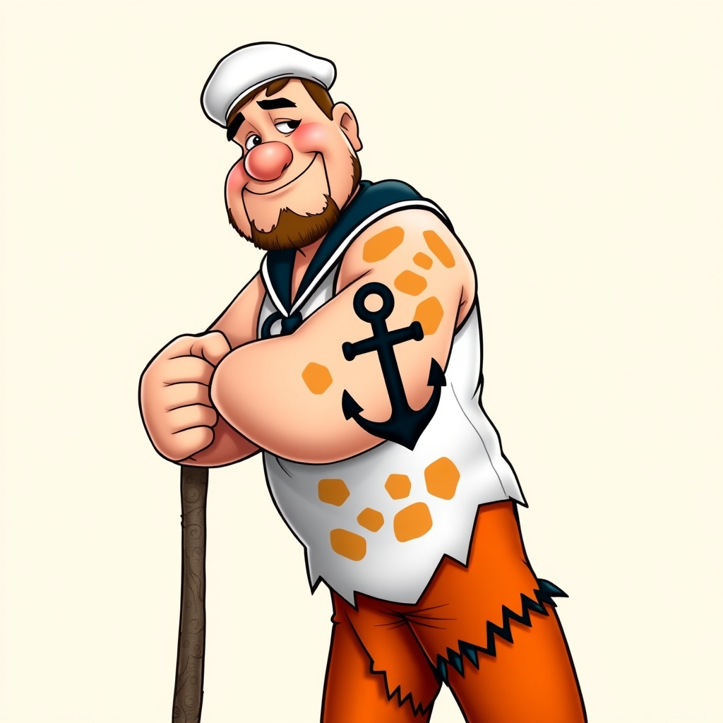A tattoo design of Mashup Character & Pose Fred’s Iconic Build + Popeye’s Physique: Fred Flintstone’s round, amiable face—complete with his trademark stubble—is built on Popeye’s muscular frame, especially that legendary forearm power. Anchor Tattoo: Boldly inked on his forearm: Popeye’s classic anchor, seamlessly integrated into Fred’s rugged square-shouldered silhouette. Pose: Leaning casual and confident against Fred’s prehistoric club, angled slightly — suggesting a moment of rest after some mighty feats in Bedrock. Attire + Color Palette Popeye’s Sailor Outfit in Flintstone Hues: Shirt: Popeye’s white sailor shirt—reimagined in Fred’s signature orange-leopard pattern edged with Flintstone-style black jagged trim. Pants: Classic Popeye blue sailor trousers, but dyed in a rich Flintstone orange shade to match the shirt, trimmed black. Hat: Popeye's white cap, but the bill is stone-carved and slightly chipped for prehistoric flair. Props Club (Leaning On): A big, chunky stone club with vein-like cracks—clear Bedrock craftsmanship. Spinach Can (In Hand): A rock-hewn can labeled “Spinach” in a bold chiseled font, a vivid green leaf peeking out. --- 🖌️ Art Style Suggestions Neo‑Traditional / American Traditional Style: Clean, bold outlines (think thick black lines around character). A palette that’s bright but grounded: Flintstone orange, Popeye blue, leafy spinach green, stone-gray for props. Shading with stippling or classic Americana style for depth and texture. Color Balance: Orange-leopard pattern stays the dominant visual theme, grounding the design firmly in Fred's aesthetic—even as the sailor elements pop against it. in the style of traditional. - cartoon mashup tattoo design generated by AI tattoo generator