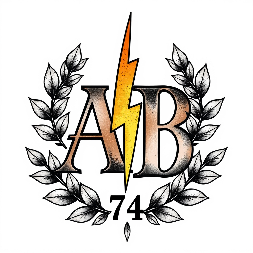 A tattoo design of Initials A and  B with lighting bolt oak leaves and the number 74 in the style of realistic. - initials and symbols tattoo design generated by AI tattoo generator