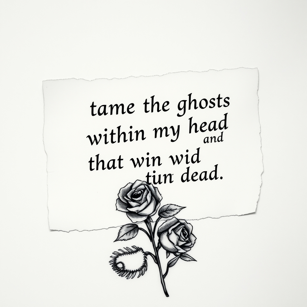 A tattoo design of a piece of paper or canvas thats torn. on it reads "tame the ghosts within my head that run wild and wish me dead" wilted roses lie underneath in the style of blackwork. - mental health tattoo design generated by AI tattoo generator