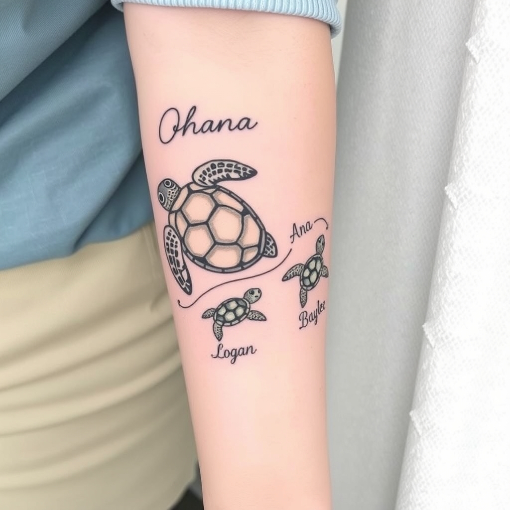 A tattoo design of I want a custom forearm tattoo featuring a momma sea turtle and three baby turtles, inspired by the characters from Finding Nemo—cute, rounded, with expressive features. At the top of the design, near my elbow, I want the word ‘Ohana’ in a script that curves around my arm slightly. The momma turtle will lead the way, and behind her, the three baby turtles will swim in a flowing line toward my wrist. I’d like a stream of water that weaves between and around all the turtles to connect them, giving it movement and a sense of journey. The names Ana, Logan, and Baylee should be placed just beside each baby turtle—not on the shells—and written in a delicate script font. For colors, I prefer a limited palette: muted seafoam and olive greens for the turtles, light teal or watercolor blue for the stream, and sandy beige or soft gray for the names and ‘Ohana.’ The overall style should feel soft and elegant with fine lines, but still playful like the turtles in Finding Nemo. It should flow naturally with the shape of my right forearm swimming up a stream of water toward ohana in the style of geometric. - sea turtles tattoo design generated by AI tattoo generator