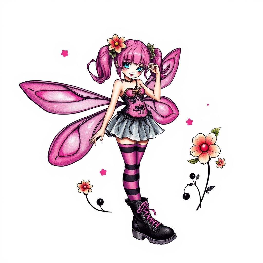 A tattoo design of Punk flower fairy. Pink hair in pigtails, purple striped tights and dm boots in the style of realistic. - fantasy creature tattoo design generated by AI tattoo generator
