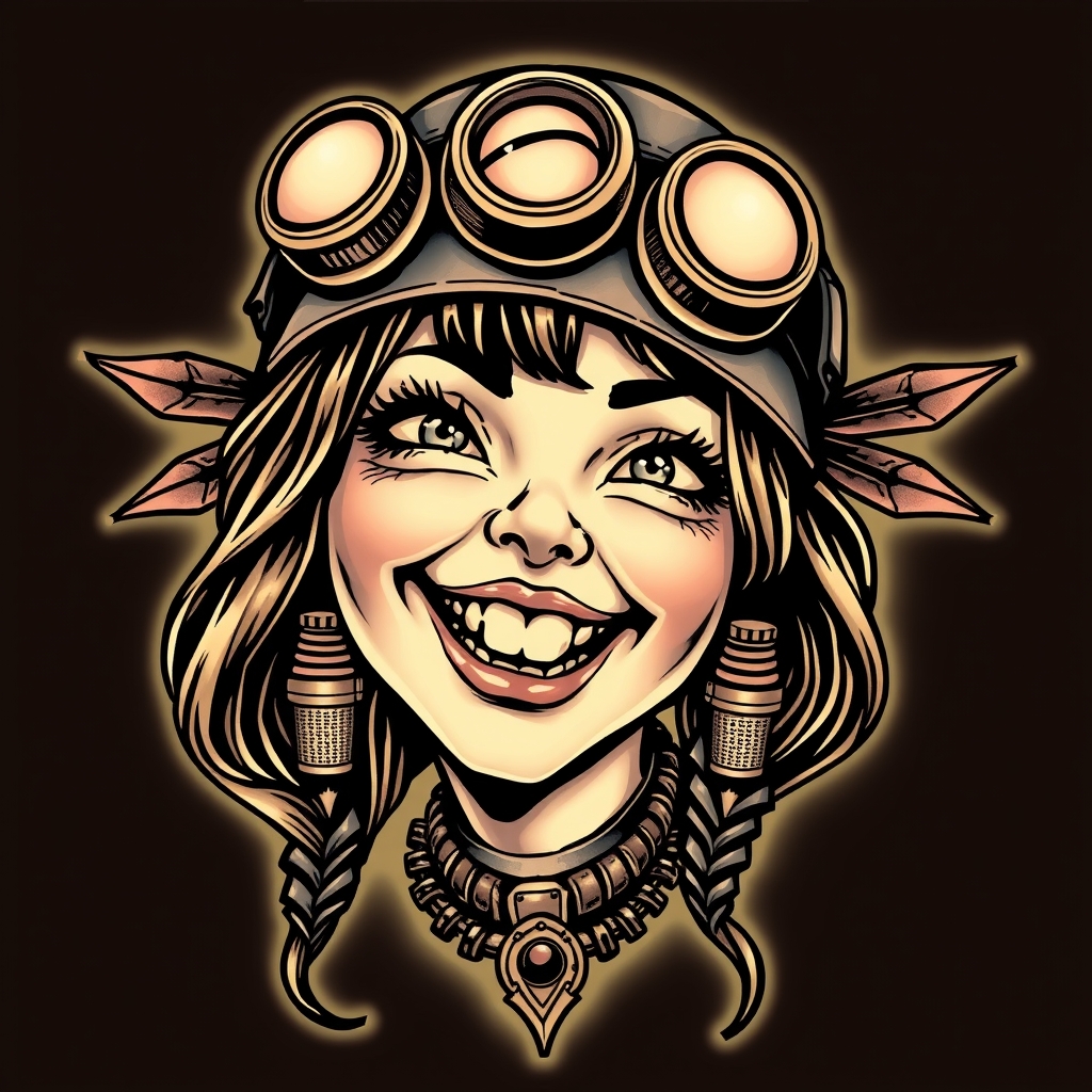 A tattoo design of Steampunk smiling girl with fangs in the style of realistic. - steampunk character tattoo design generated by AI tattoo generator