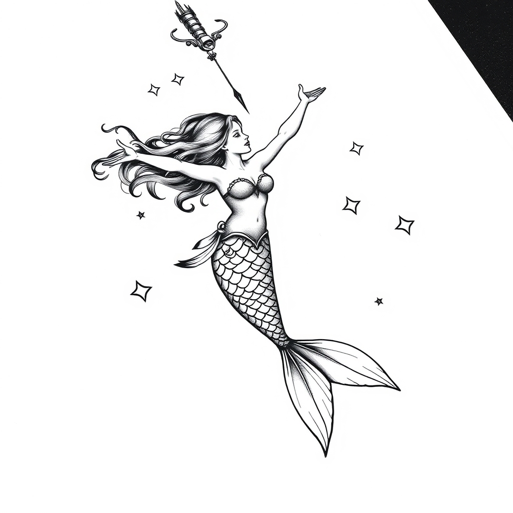 A tattoo design of Mermaid, aerial acrobatics, circus in the style of blackwork. - circus performer tattoo design generated by AI tattoo generator