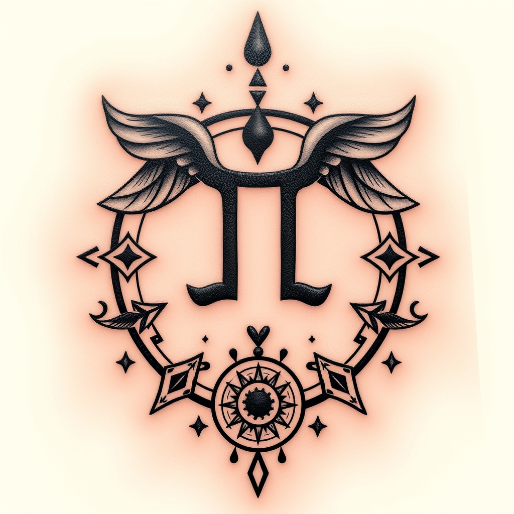 A tattoo design of Incorporate the Swahili symbol for hakuna matata, gemini zodiac sign or constellation, and symbols of Alan watts teachings such as universal consciousness and letting go of ego in the style of realistic. - spiritual symbols tattoo design generated by AI tattoo generator