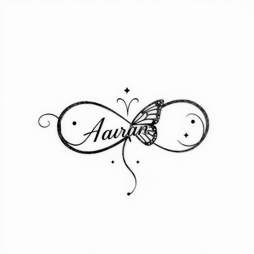 A tattoo design of Infinity symbol with the name Aaron butterfly in the style of blackwork. - symbol with name tattoo design generated by AI tattoo generator