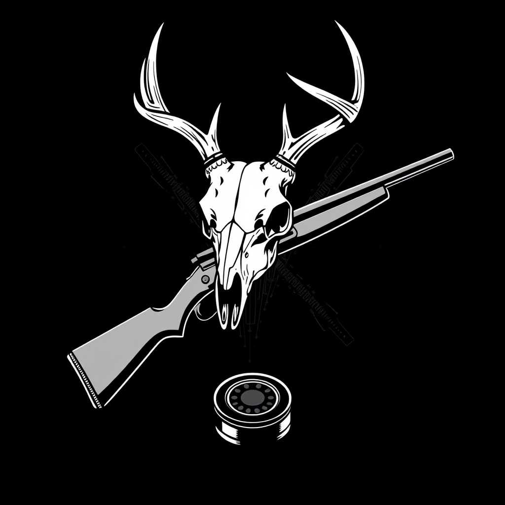 A tattoo design of a deer skull on top of the x of a lever action rifle and a ice hockey stick all blackout no background with a hockey puck on the bottom of the x in the style of realistic. - hunting and hockey tattoo design generated by AI tattoo generator
