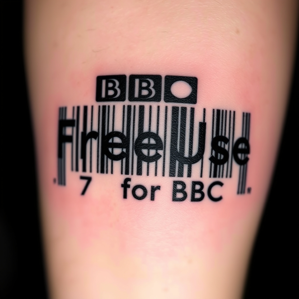 A tattoo design of a barcode with the wording "FreeUse for BBC" in the style of realistic. - media reference tattoo design generated by AI tattoo generator