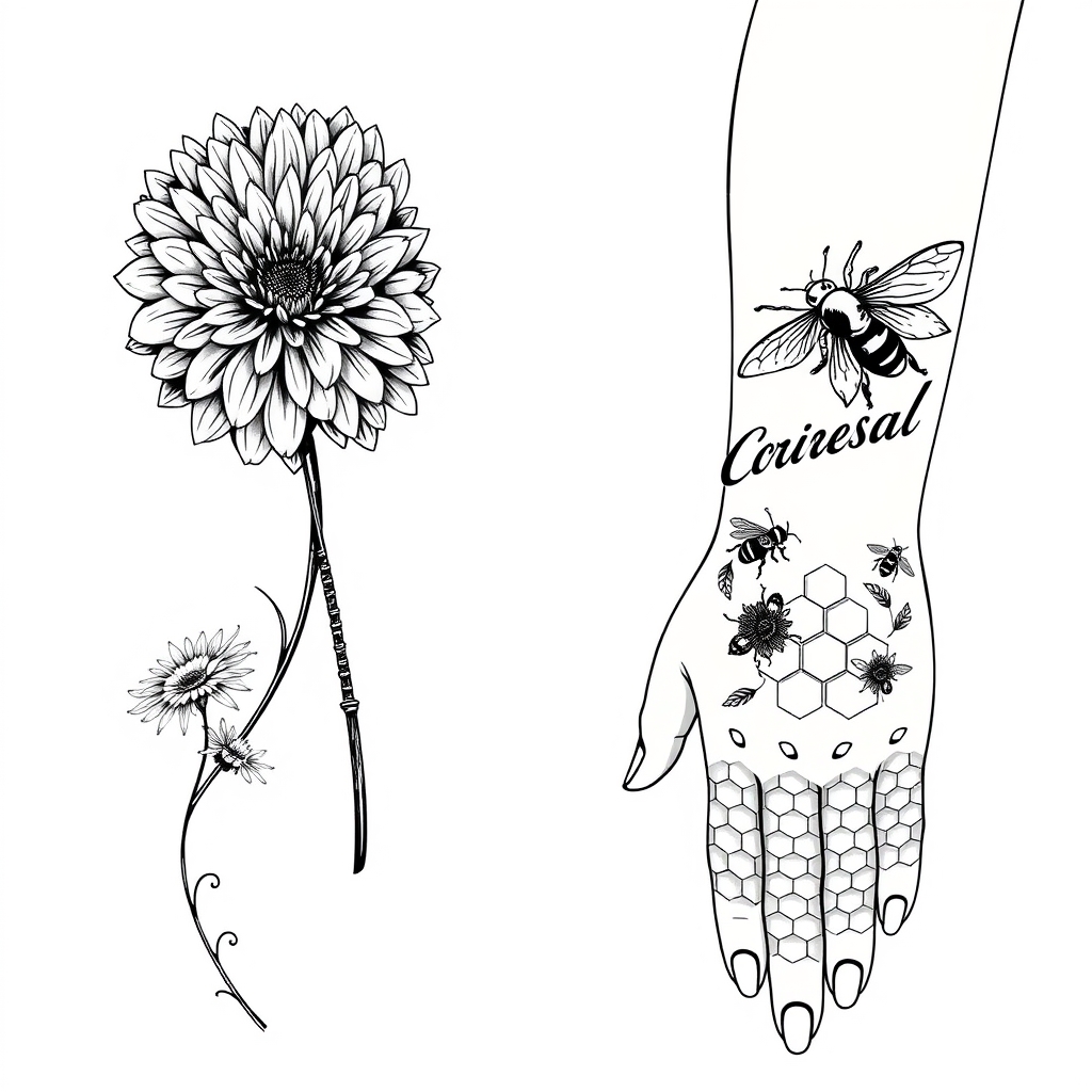 geometric style flowers and bees tattoo design - AI generated tattoo art for inspiration