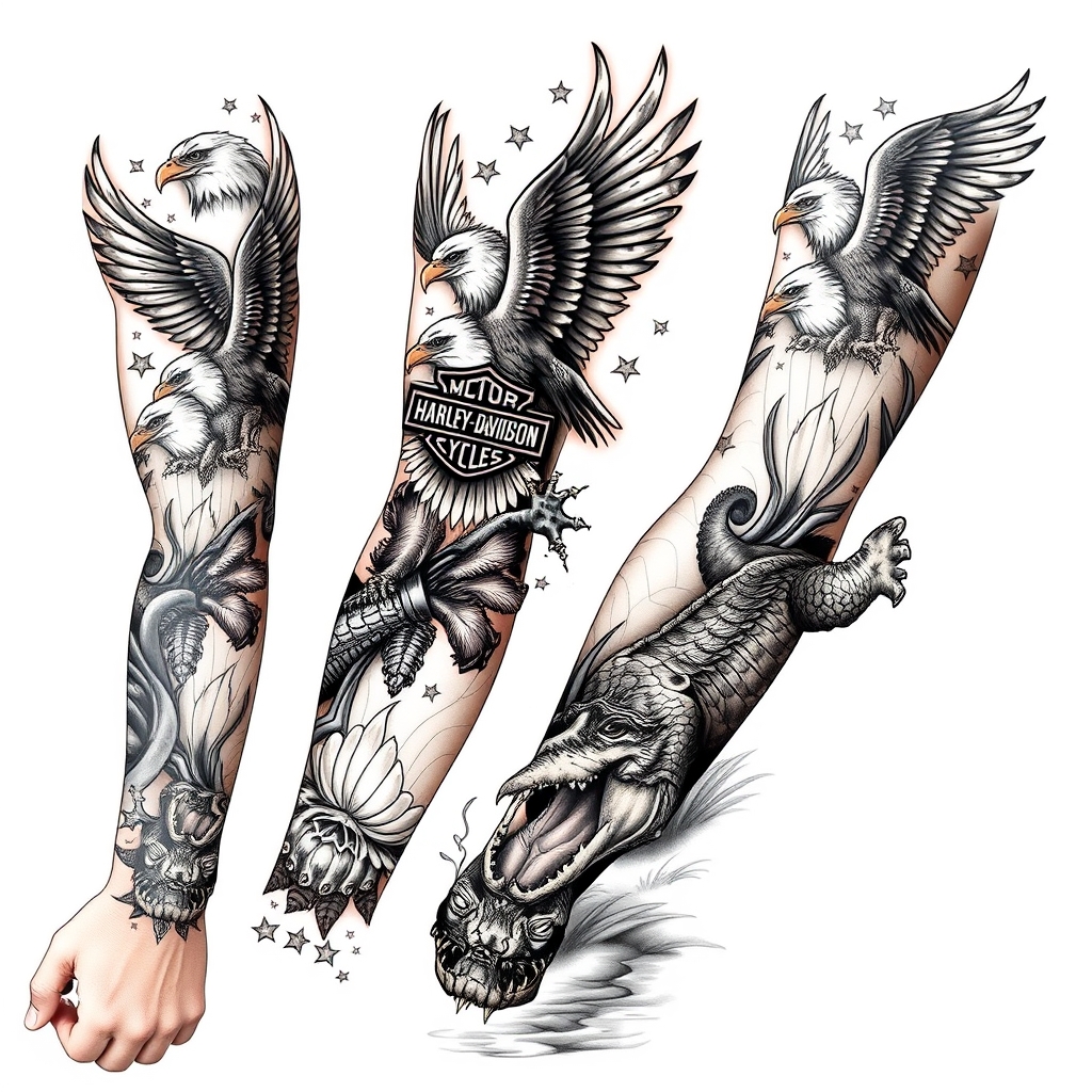 motorcycle and wildlife realistic tattoo design