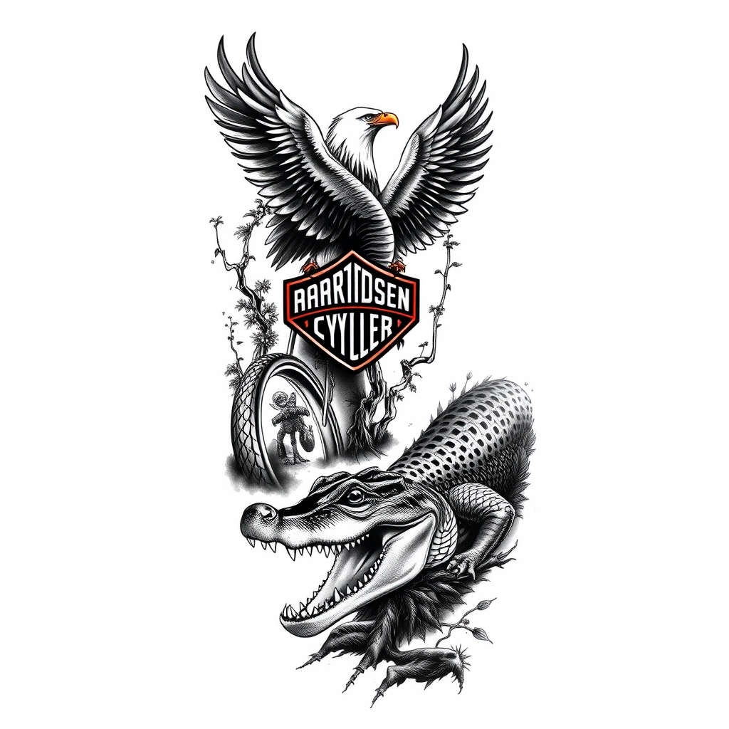 realistic style motorcycle wildlife tattoo design - AI generated tattoo art for inspiration