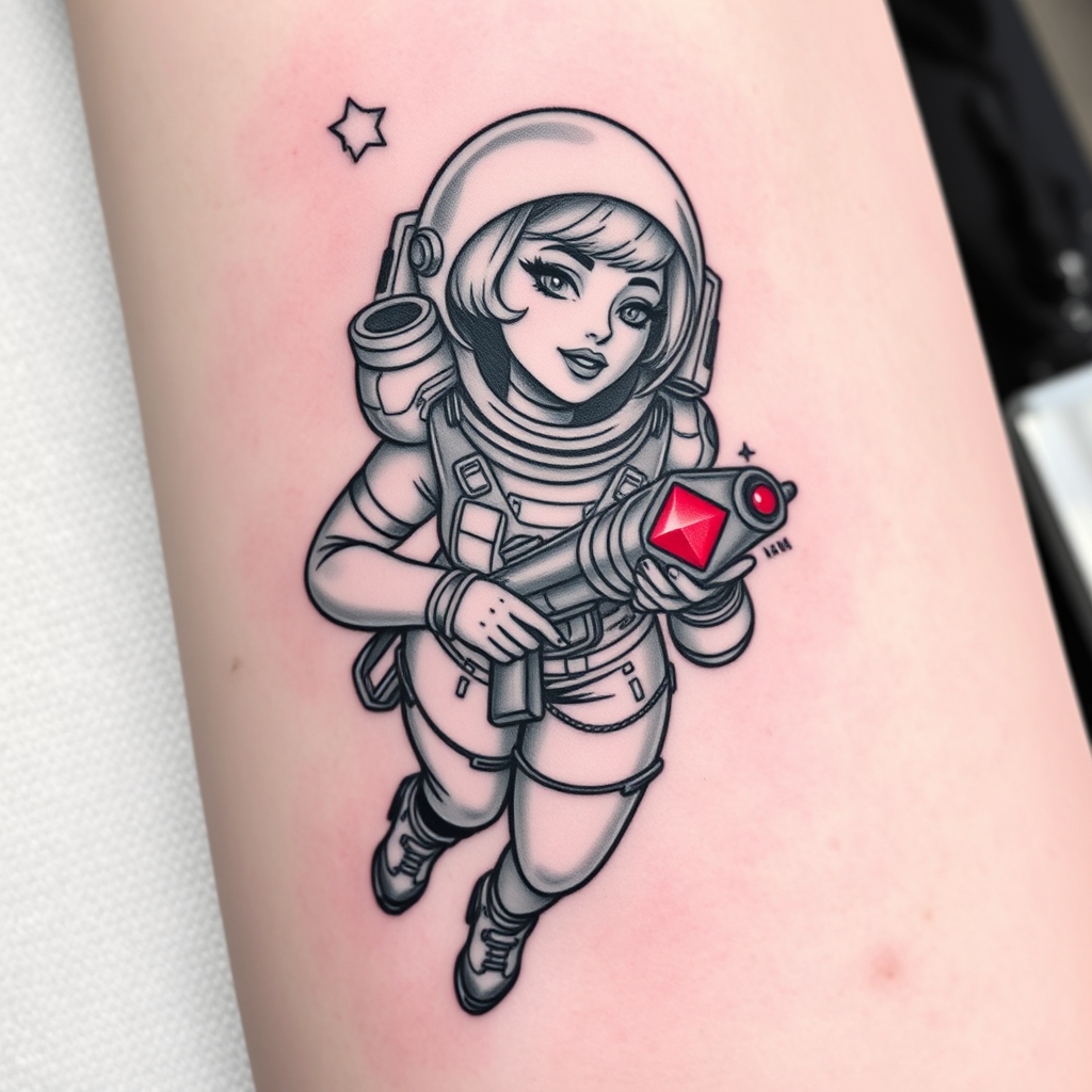 realistic style space travel pin up girl tattoo design - AI generated tattoo art for inspiration