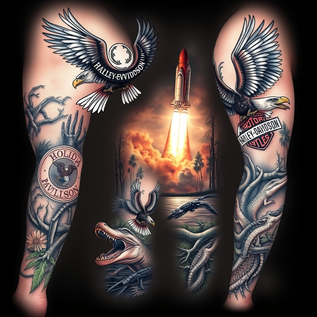 motorcycle and wildlife realistic tattoo design