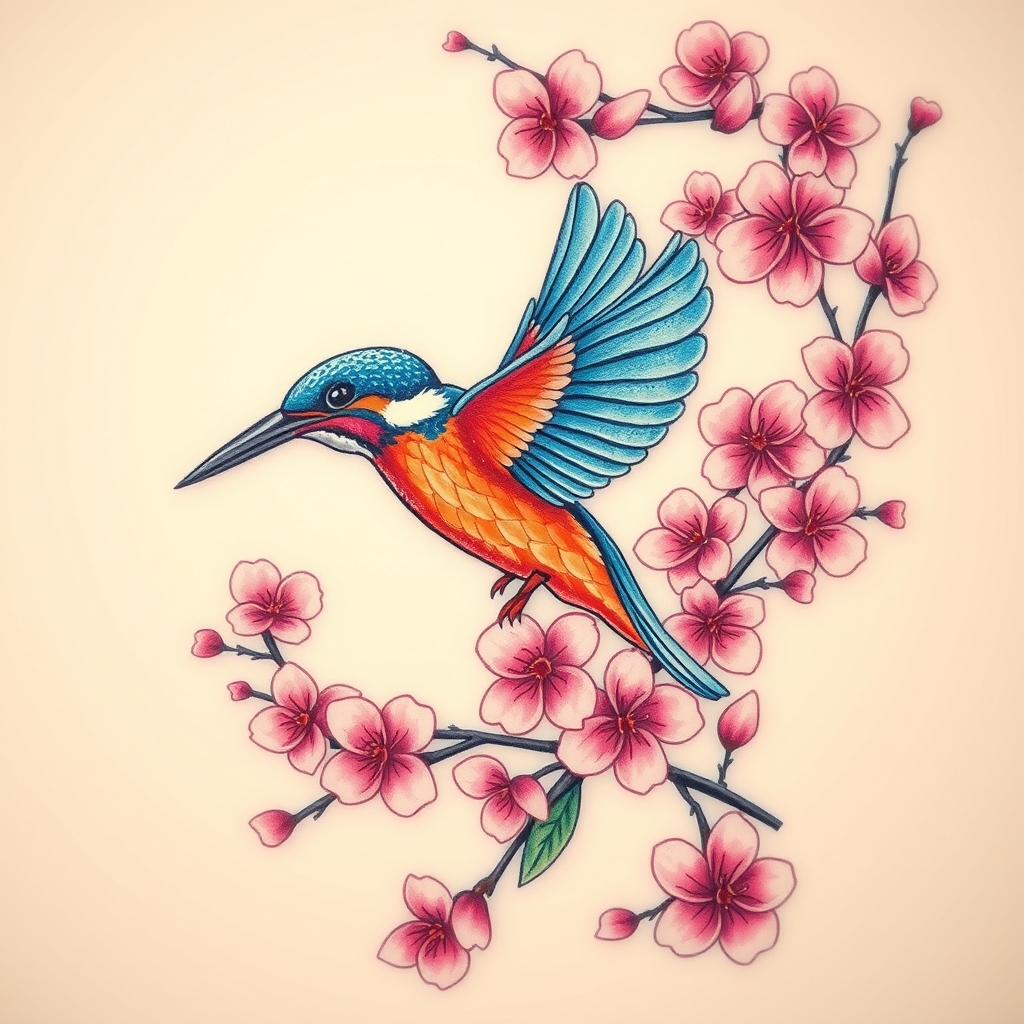 geometric style birds and flowers tattoo design - AI generated tattoo art for inspiration