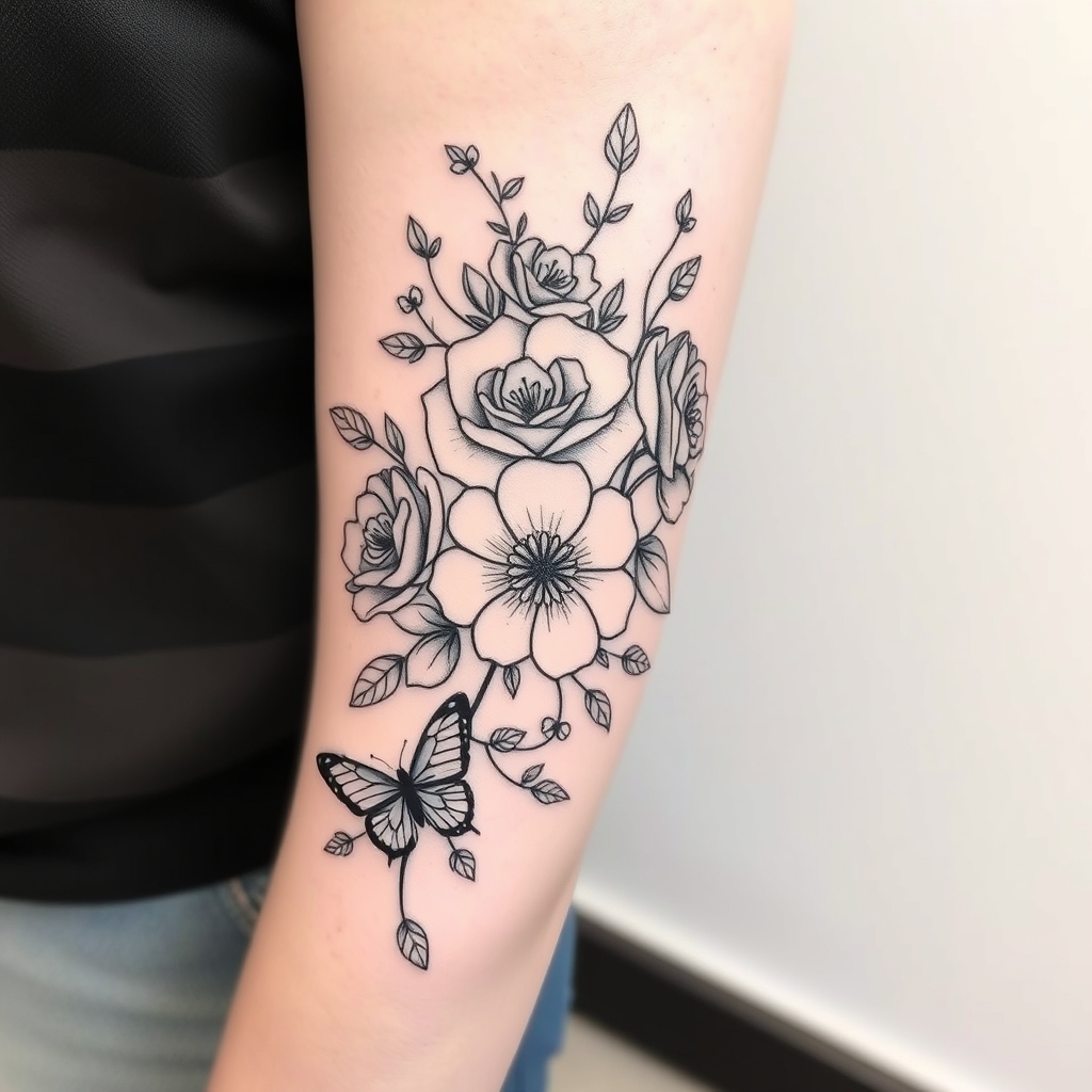 traditional style floral tattoo design - AI generated tattoo art for inspiration