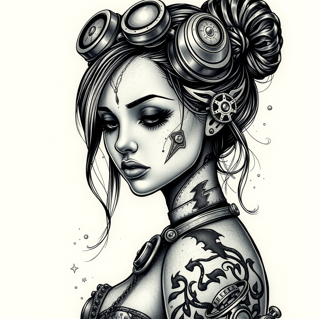 steampunk character realistic tattoo design